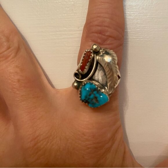 R CHEE VINTAGE NAVAJO STERLING SILVER RING RED BRANCH CORAL TURQUOISE SIZE 7 USA - Picture 8 of 13